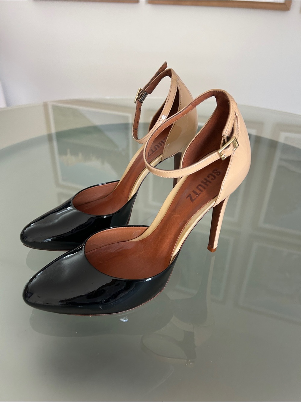 SCHUTZ Black and Nude Patent Leather Ankle-Strap Pumps
